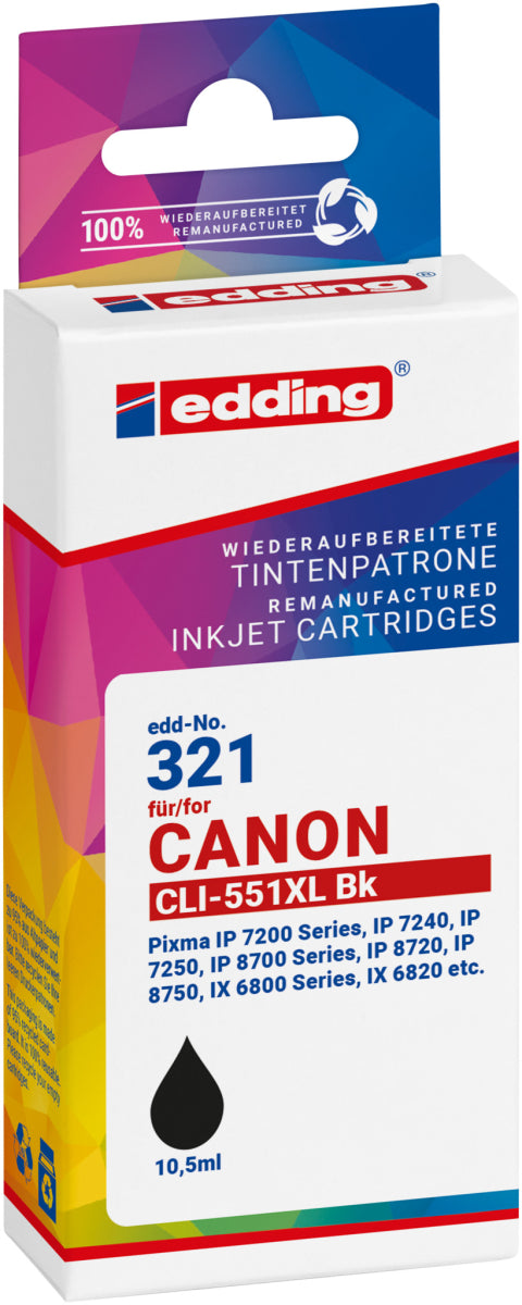 Edding Tintenpatrone für Canon CLI-551XLBK PIXMAiP7250 iX6850 MG5450 MG5550