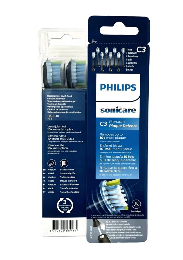 Philips Sonicare C3 Premium Plaque Defence Ersatzbürstenköpfe Schwarz HX9048/33 – 8er Pack, Medium, Standardgröße